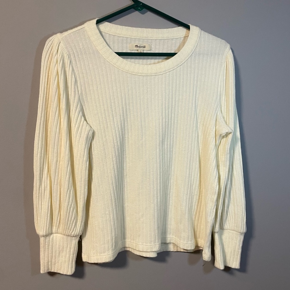 Madewell Bishop Sleeve Ribbed Sweater Cream Ribbed Women's Small Lightweight Top